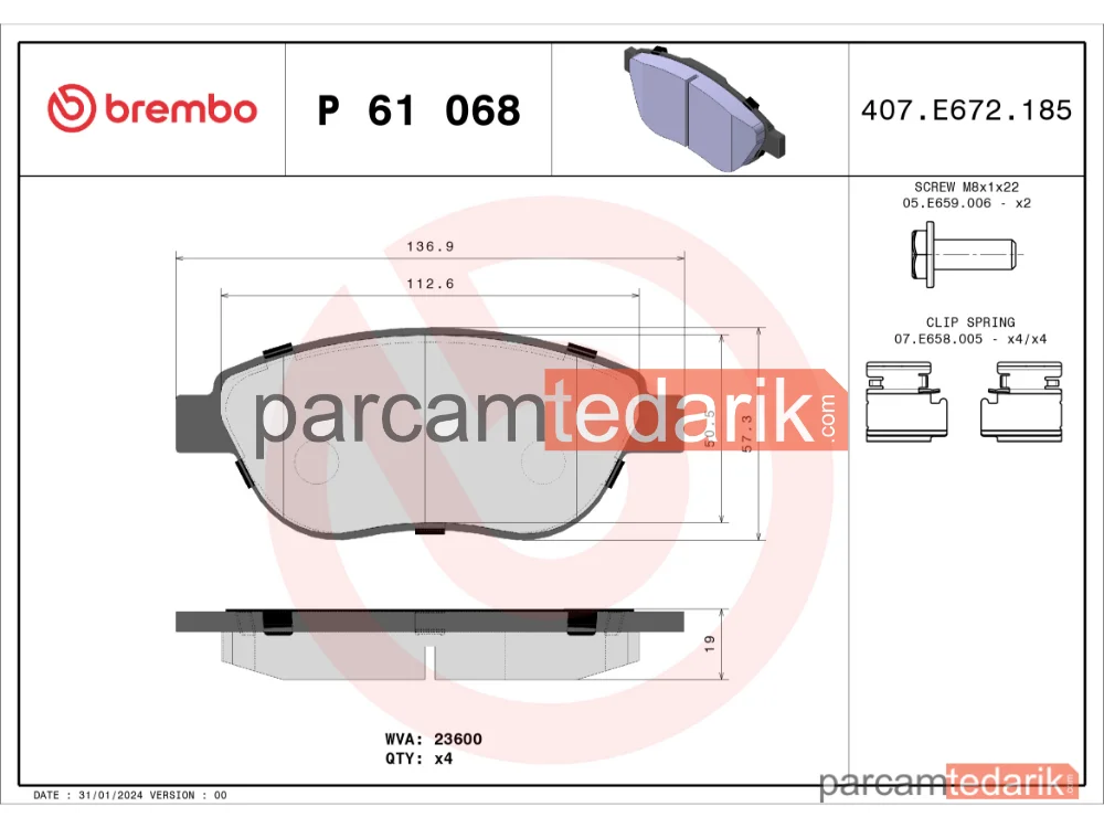 BREMBO P61068 | Fren Balatası (Ön) — Citroen C4 I, Citroen Xsara Picasso, Peugeot 307 Break