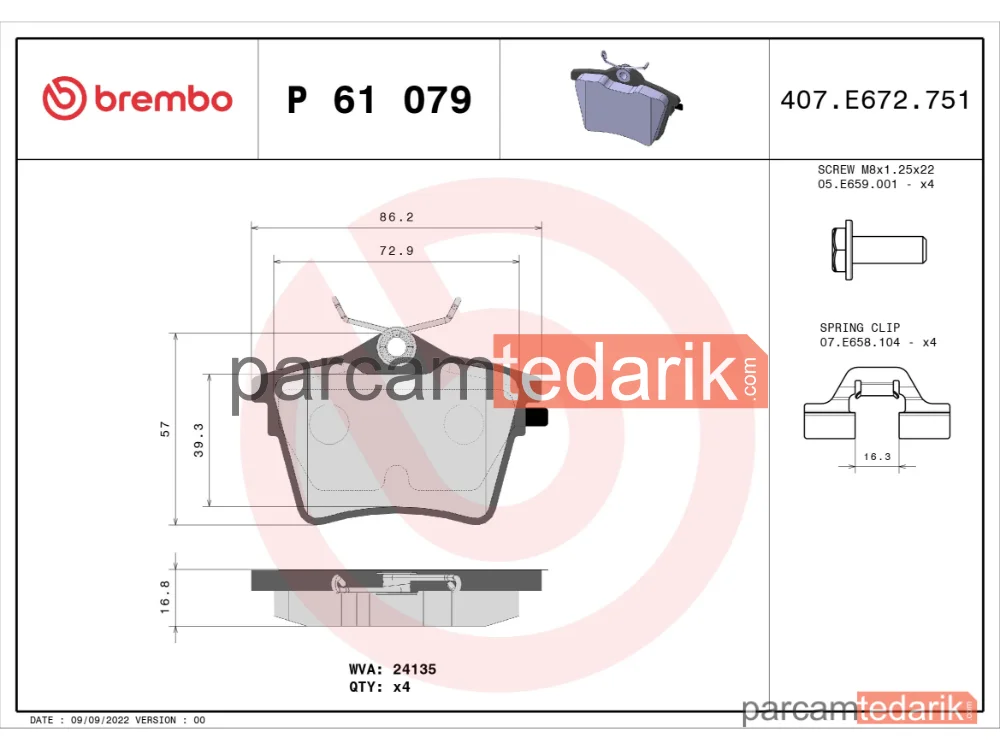 BREMBO P61079 | Fren Balatası (Arka) — Peugeot 407, Peugeot 407 SW, Peugeot 607