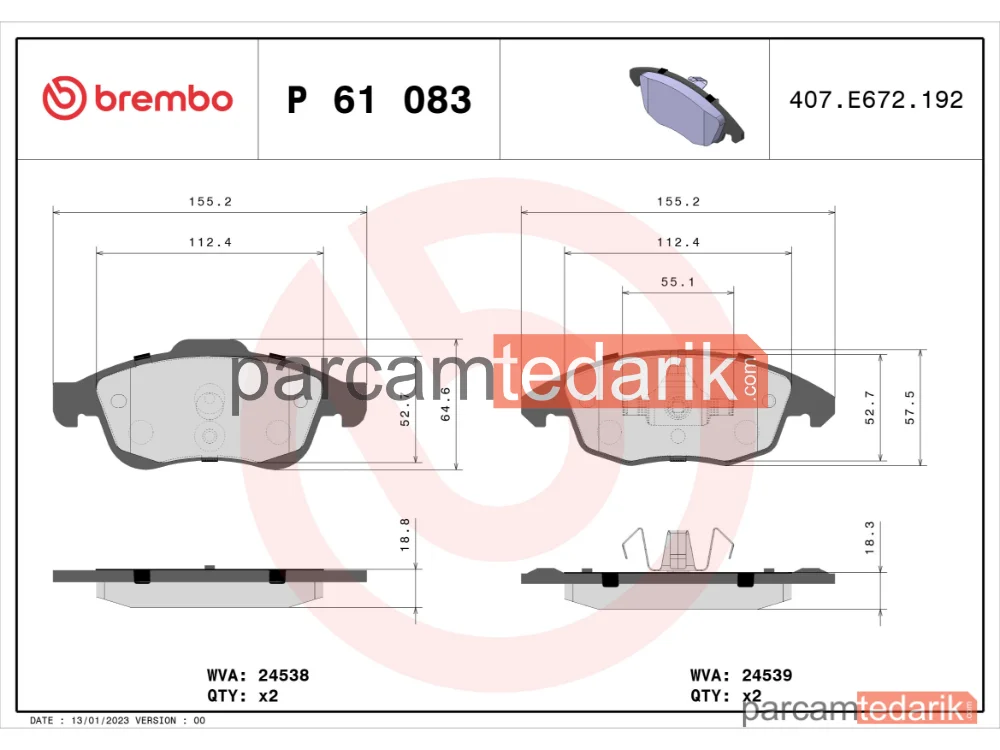 BREMBO P61083 | Fren Balatası (Ön) — Citroen Berlingo, Peugeot Partner