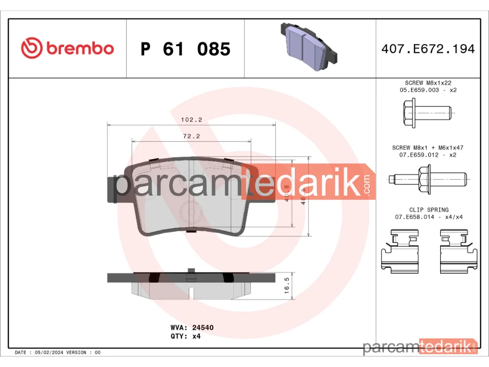 BREMBO P61085 | Fren Balatası (Arka) — Citroen C4 Grand Picasso I, Citroen C4 Picasso I Mpv