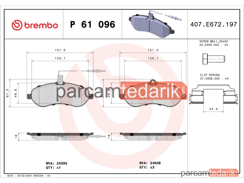 BREMBO P61096 | Fren Balatası (Ön) — Citroen Jumpy II, Peugeot Expert Tepee, Peugeot Expert