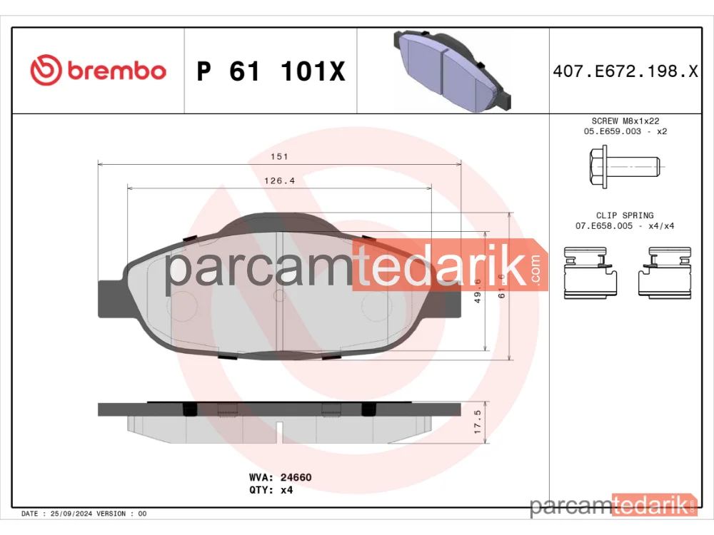 BREMBO P61101X | Fren Balatası (Ön) — Peugeot 308 I, Peugeot 3008 I Mpv, Peugeot 308 SW I