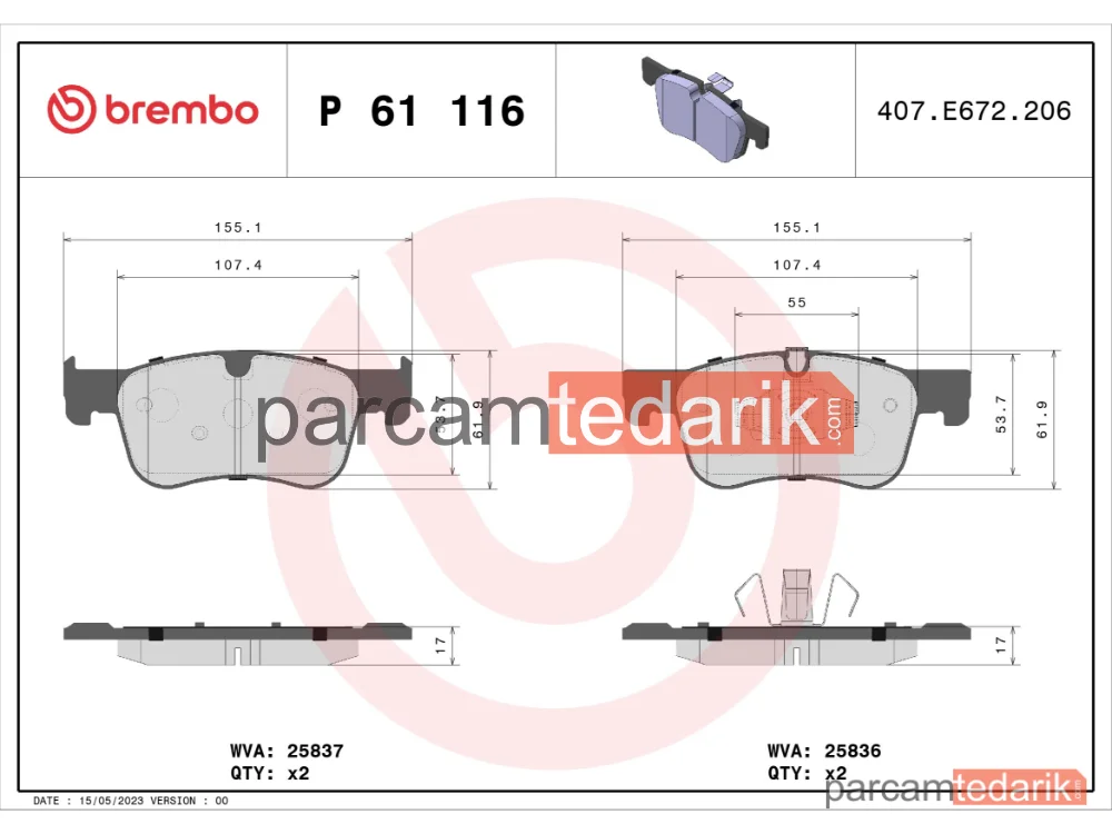 BREMBO P61116 | Fren Balatası (Ön) — Toyota Proace Verso