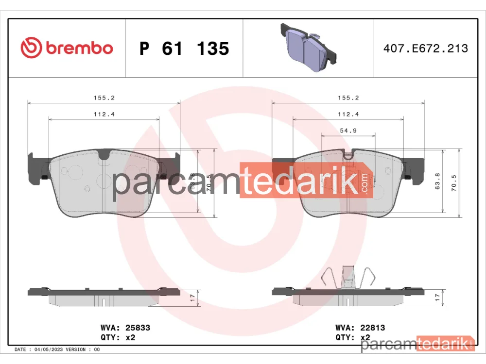 BREMBO P61135 | Fren Balatası (Ön) — Peugeot 5008 II, Citroen Grand C4 Spacetourer, Peugeot 3008 II Suv
