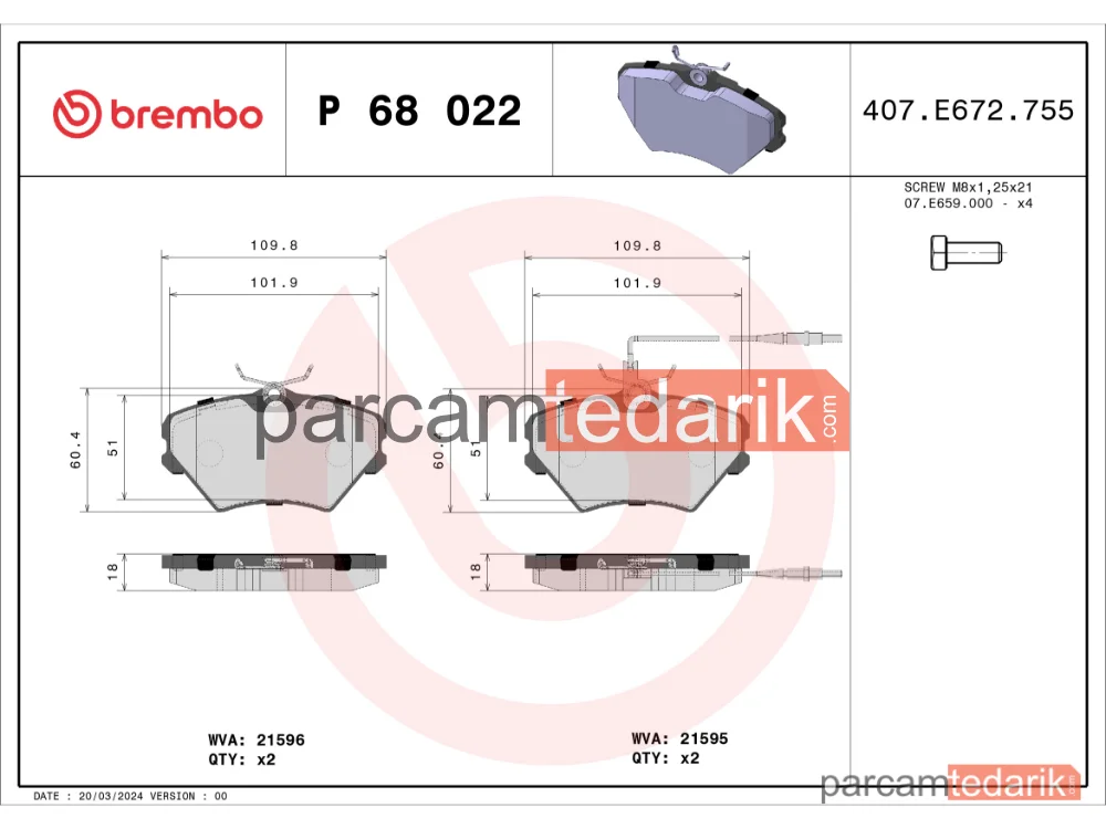 BREMBO P68022 | Fren Balatası (Ön) — Renault Laguna I