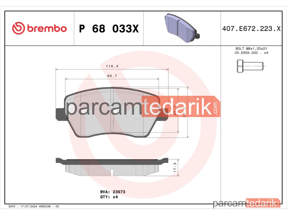 BREMBO P68033X | Fren Balatası (Ön) — Dacia Duster, Renault Clio III, Dacia Lodgy