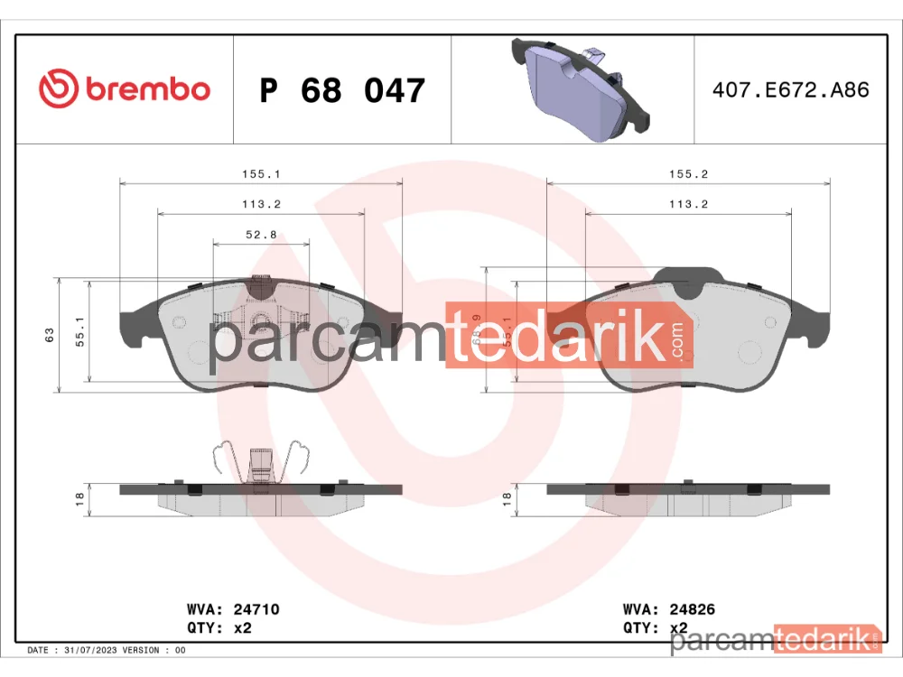 BREMBO P68047 | Fren Balatası (Ön) — Renault Scénic III, Renault Laguna Coupe, Renault Grand Scénic III