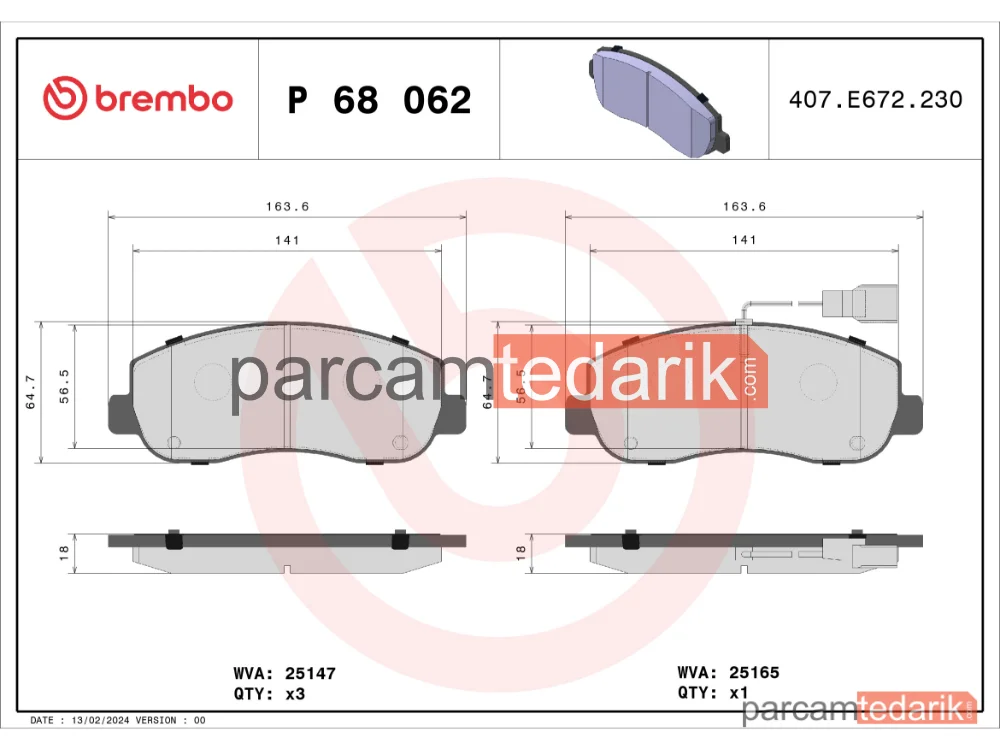 BREMBO P68062 | Fren Balatası (Ön) — Nissan NV400, Opel Movano B, Renault Master III