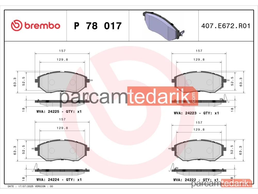 BREMBO P78017 | Fren Balatası (Ön) — Subaru Outback, Subaru Impreza, Subaru Levorg