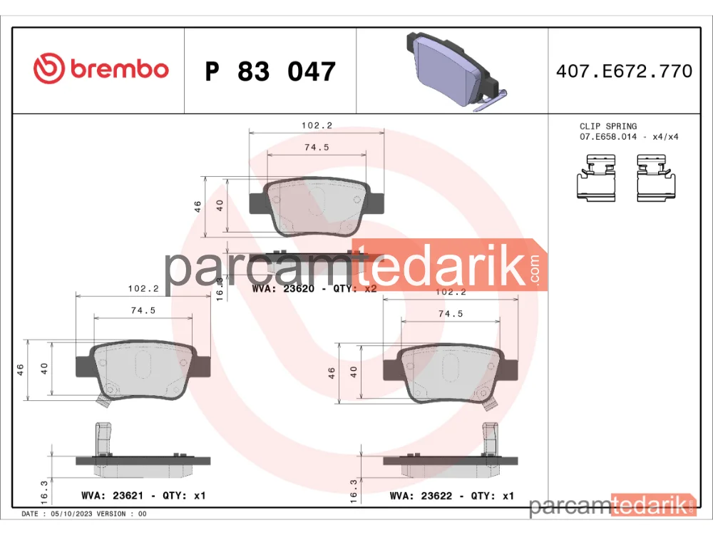 BREMBO P83047 | Fren Balatası (Arka) — Toyota Avensis, Toyota Corolla Verso, Toyota Previa III