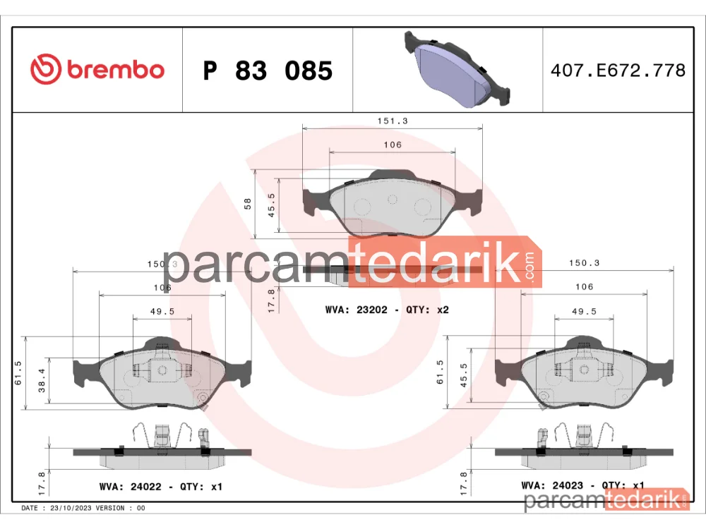 BREMBO P83085 | Fren Balatası (Ön) — Toyota Yaris, Daihatsu Charade VIII