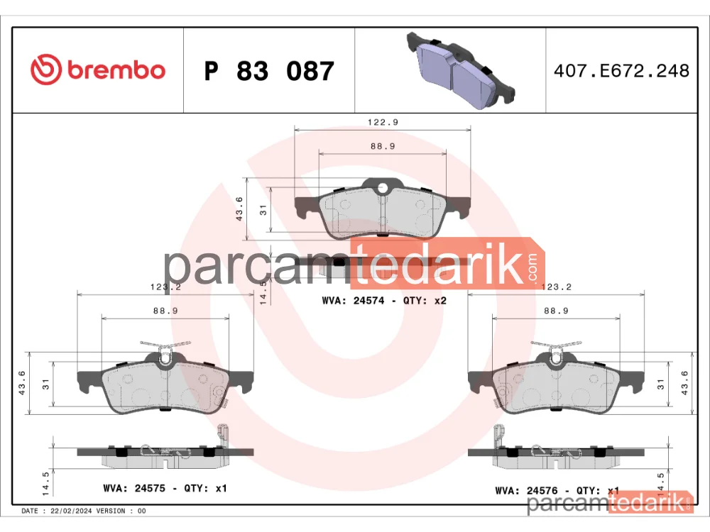 BREMBO P83087 | Fren Balatası (Arka) — Toyota Yaris, Daihatsu Charade VIII