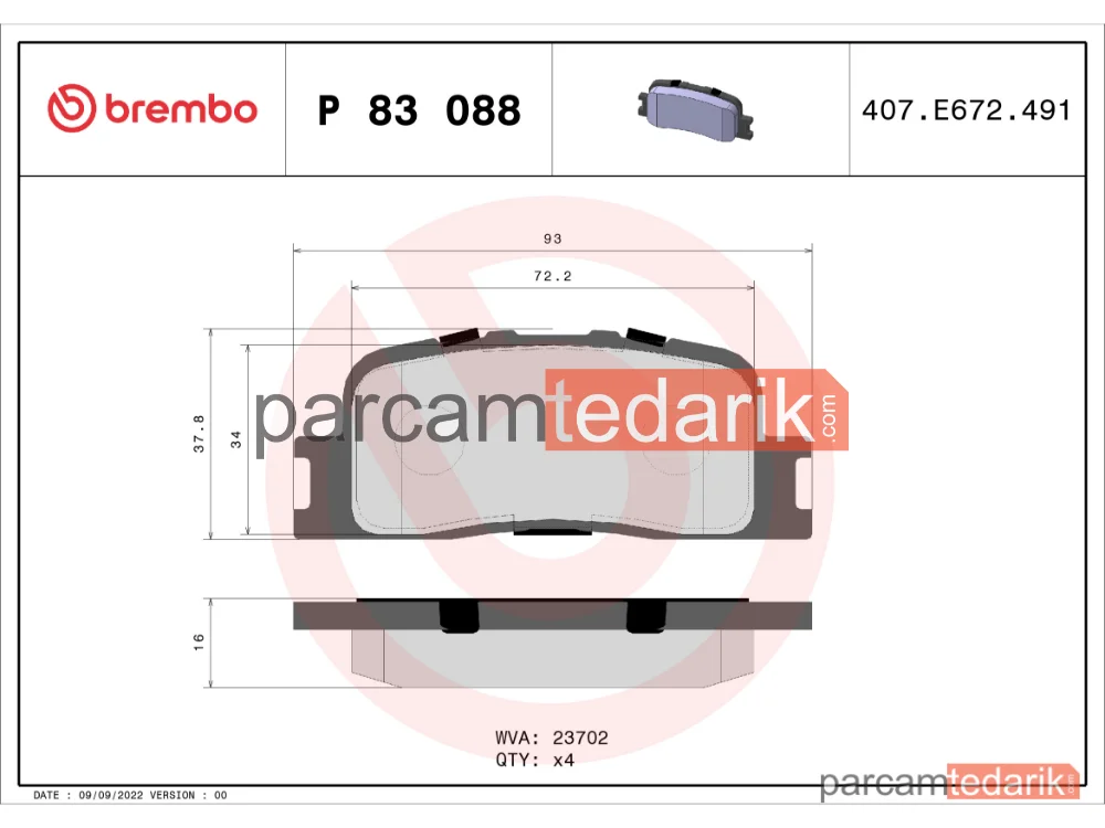 BREMBO P83088 | Fren Balatası (Arka) — Chery A5, Toyota Camry