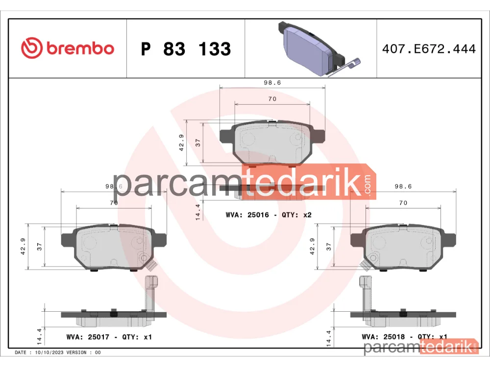 BREMBO P83133 | Fren Balatası (Arka) — Toyota Yaris, Toyota Auris, Toyota Corolla