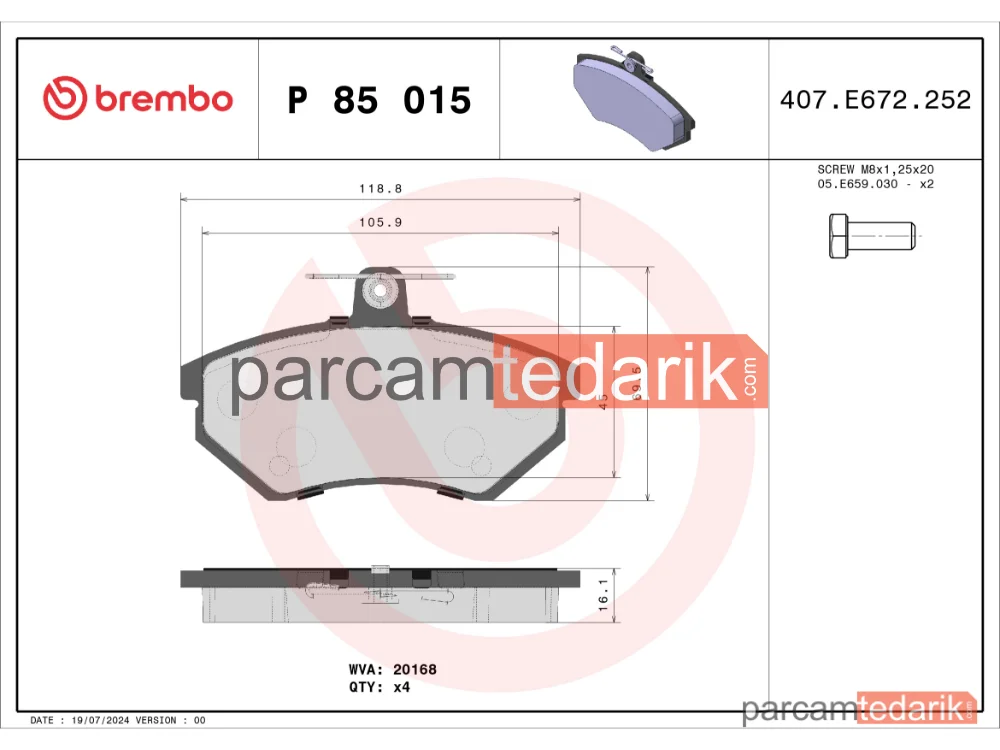 BREMBO P85015 | Fren Balatası (Ön) — VW Passat B3/B4, VW Passat B3/B4 Variant, VW Golf III Cabriolet