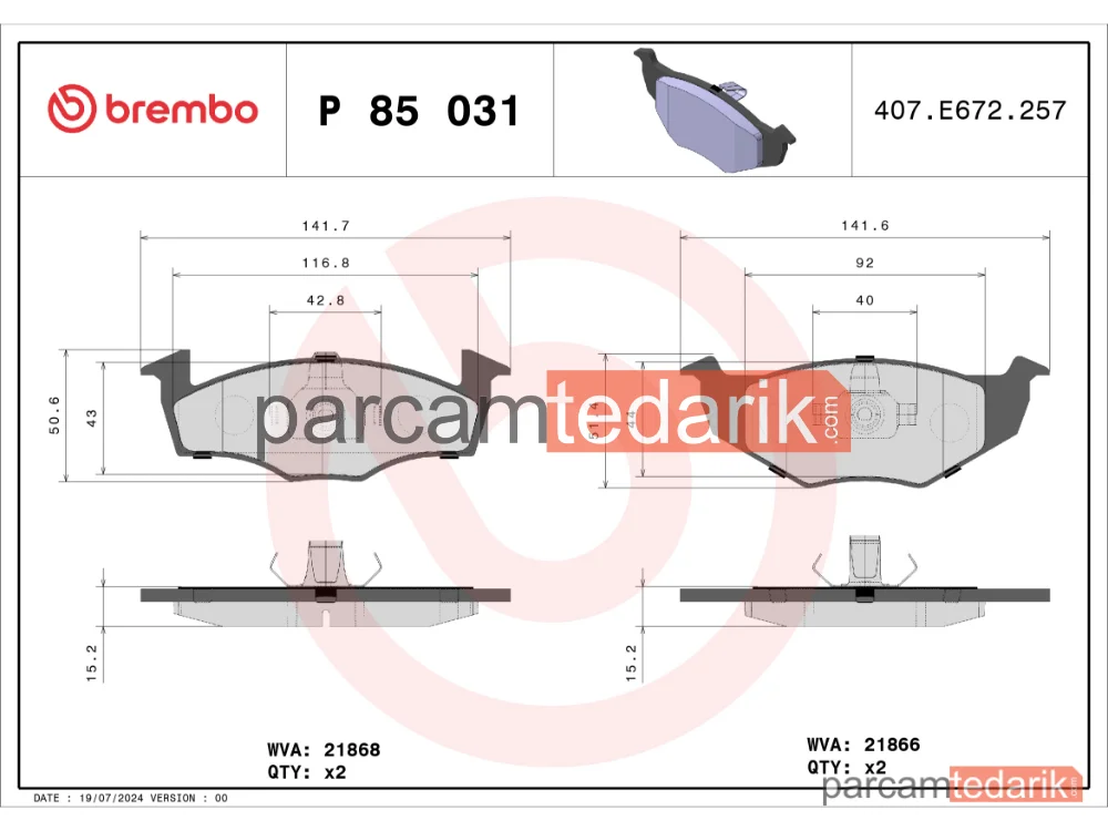 BREMBO P85031 | Fren Balatası (Ön) — Seat Ibiza II, Seat Cordoba, VW Polo Variant