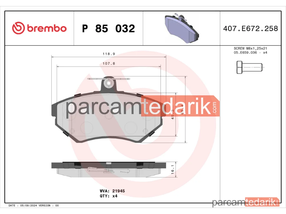 BREMBO P85032 | Fren Balatası (Ön) — VW Golf III, VW Golf III Variant, VW Polo Variant