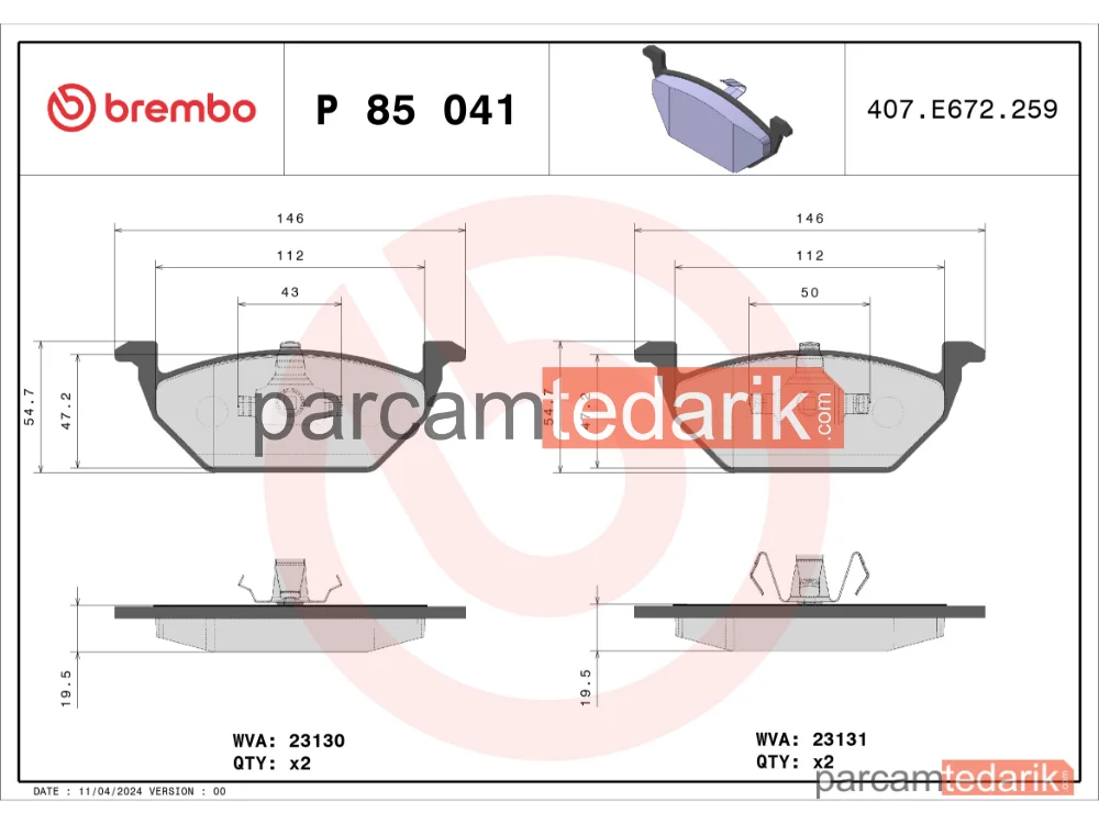 BREMBO P85041 | Fren Balatası (Ön) — Seat Ibiza IV, Seat Ibiza IV SC, VW Polo V