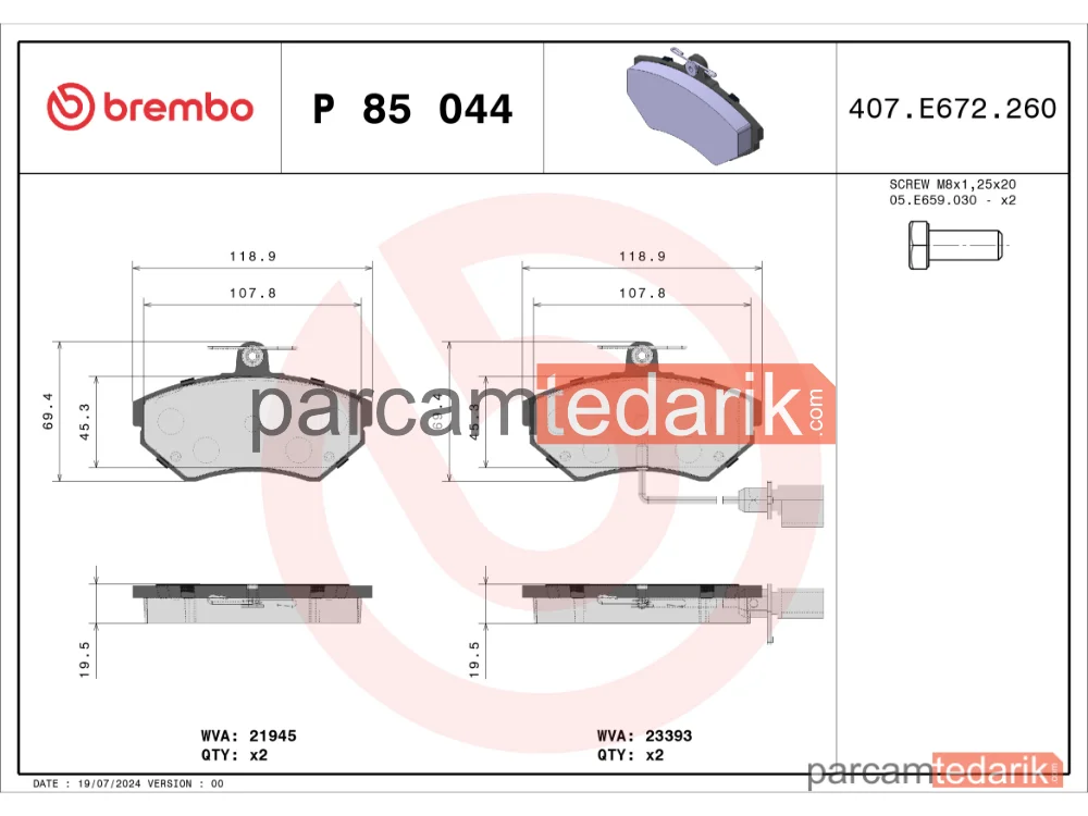 BREMBO P85044 | Fren Balatası (Ön) — Audi A4 B5, Audi A4 B7, VW Passat B5