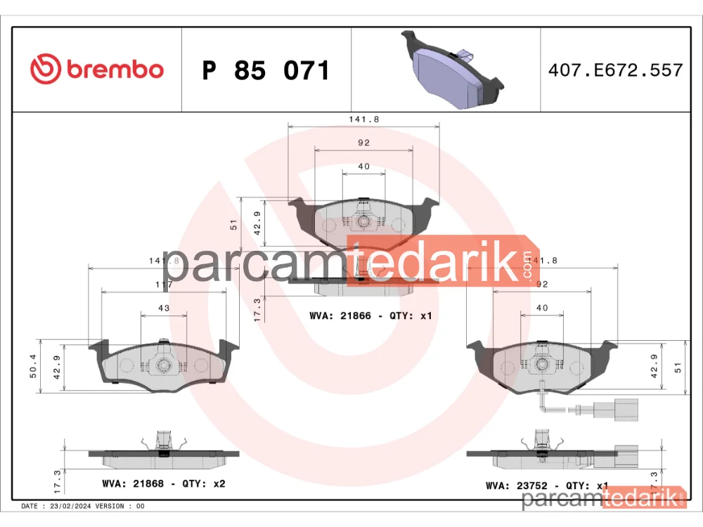 BREMBO P85071 | Fren Balatası (Ön) — Skoda Fabia I, Skoda Fabia I Combi, Skoda Roomster Praktik