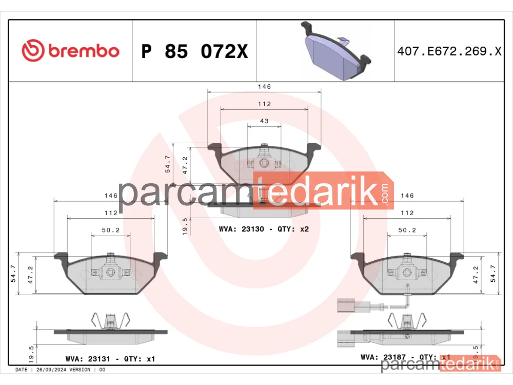 BREMBO P85072X | Fren Balatası (Ön) — VW Golf VI, VW Golf V, VW Caddy III