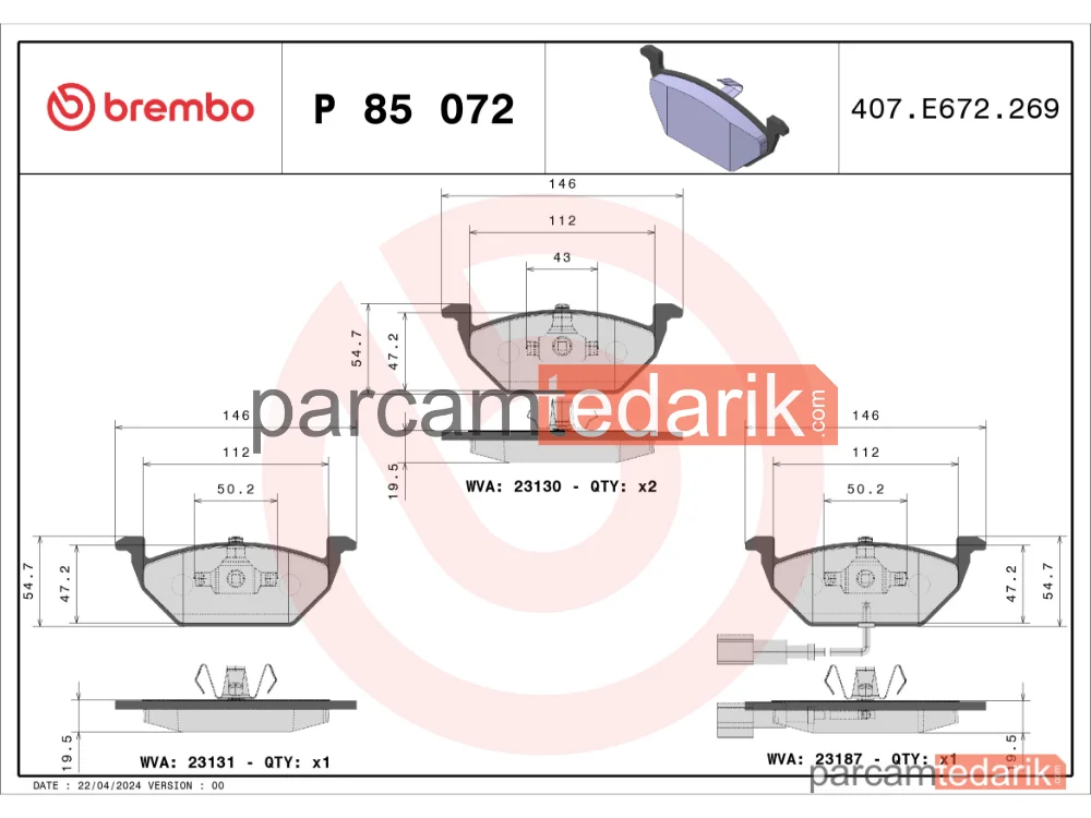 BREMBO P85072 | Fren Balatası (Ön) — VW Golf VI, VW Golf V, VW Caddy III
