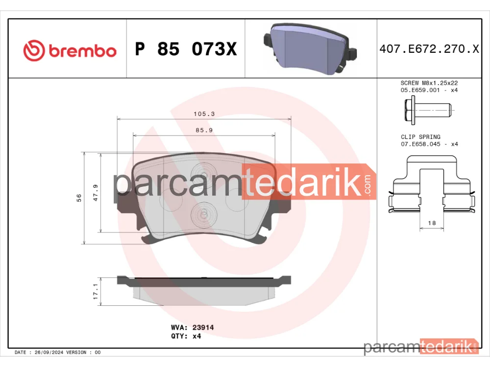 BREMBO P85073X | Fren Balatası (Arka) — Audi A6 C6, Skoda Octavia II Combi, VW Caddy III