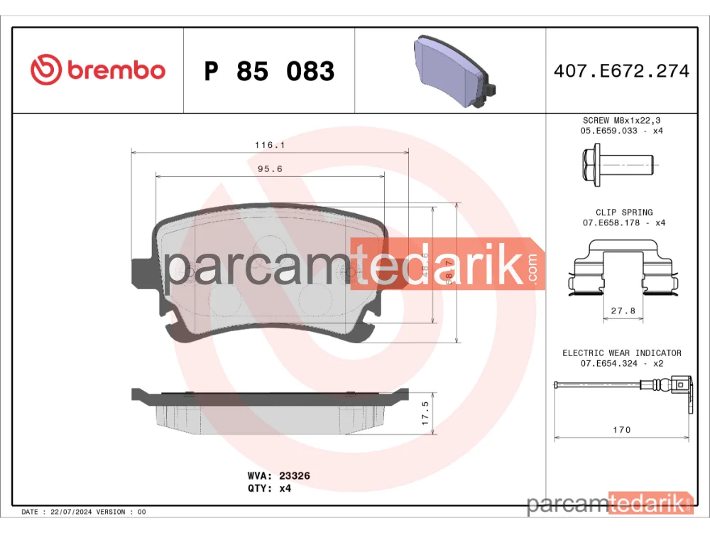 BREMBO P85083 | Fren Balatası (Arka) — VW Transporter T5, VW Transporter T6 / Caravelle T6, VW Transporter T6