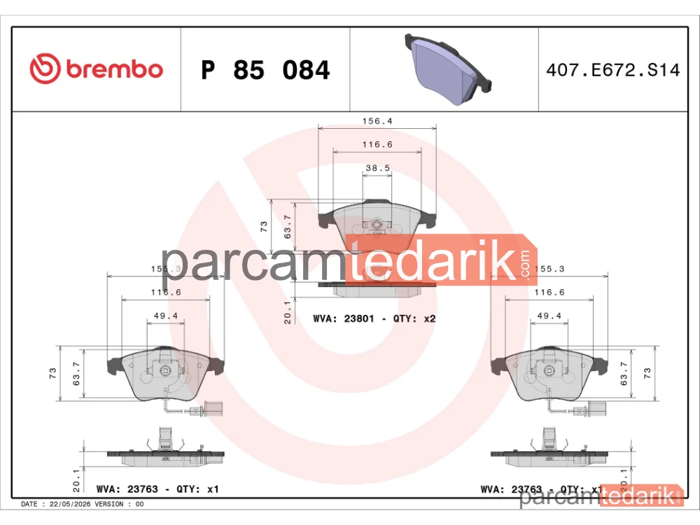 BREMBO P85084 | Fren Balatası (Ön, 247.5 mm) — Audi A6 C6, Audi A4 B7, Audi A8 D3