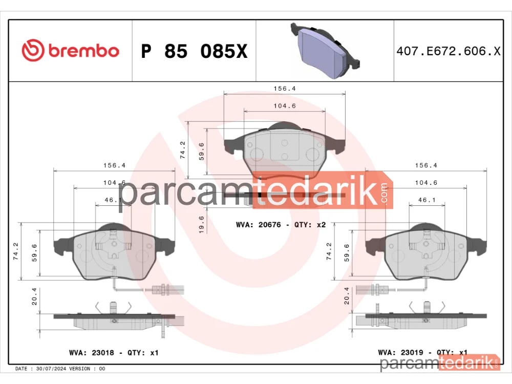 BREMBO P85085X | Fren Balatası (Ön) — Audi A6 C5, VW Passat B5, VW Passat B5 Variant