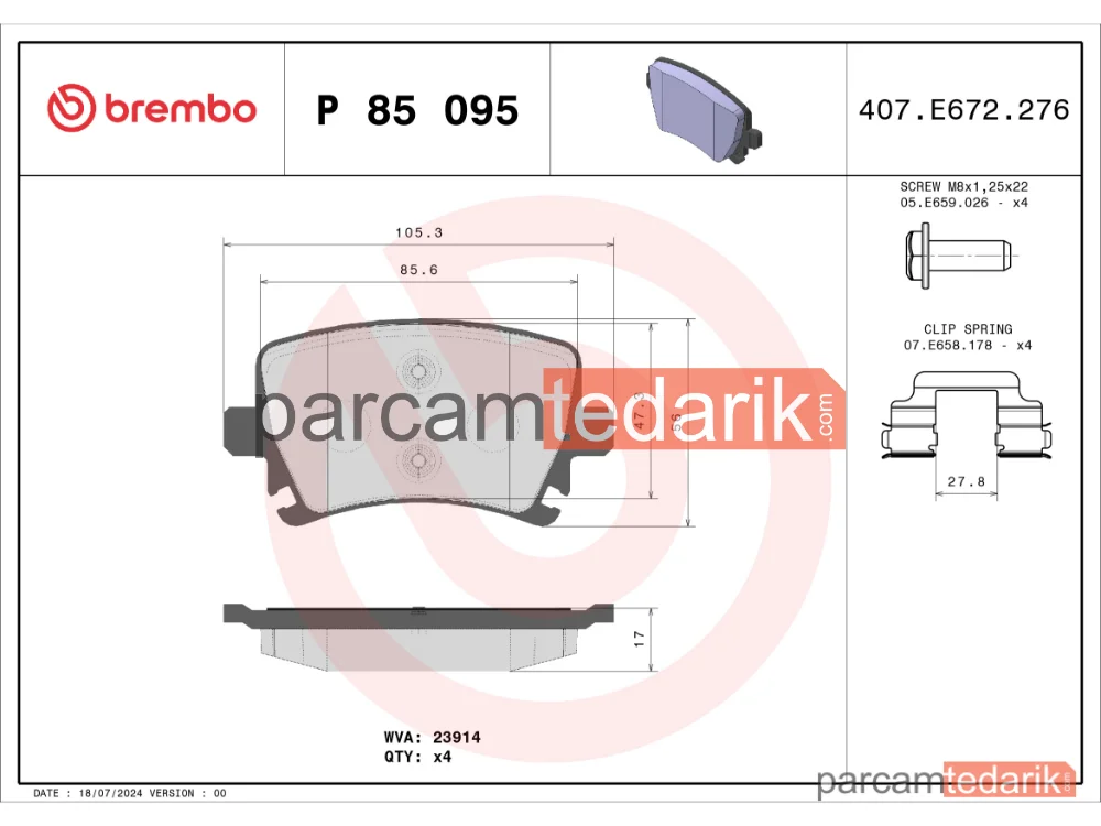 BREMBO P85095 | Fren Balatası (Arka) — VW Scirocco III, Audi TT, Audi TT Roadster