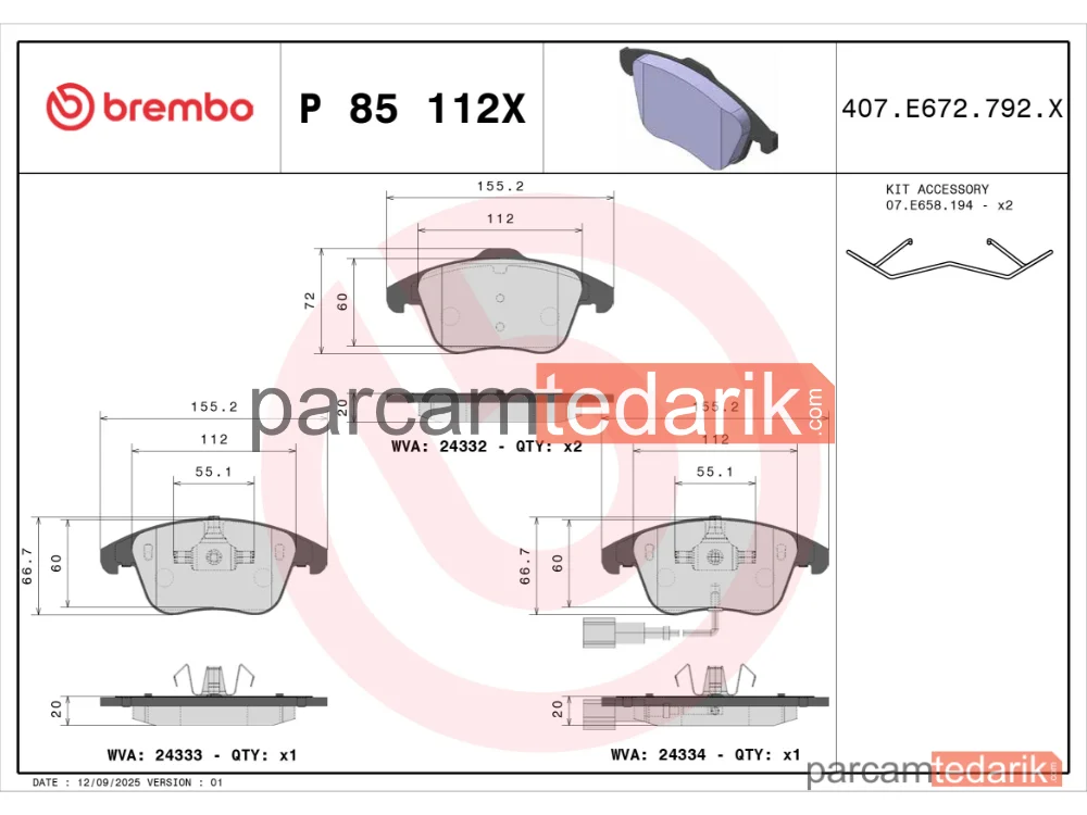 BREMBO P85112X | Fren Balatası (Ön) — VW Tiguan, Audi Q3, VW Sharan