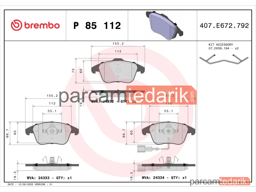 BREMBO P85112 | Fren Balatası (Ön) — VW Tiguan, Audi Q3, VW Sharan