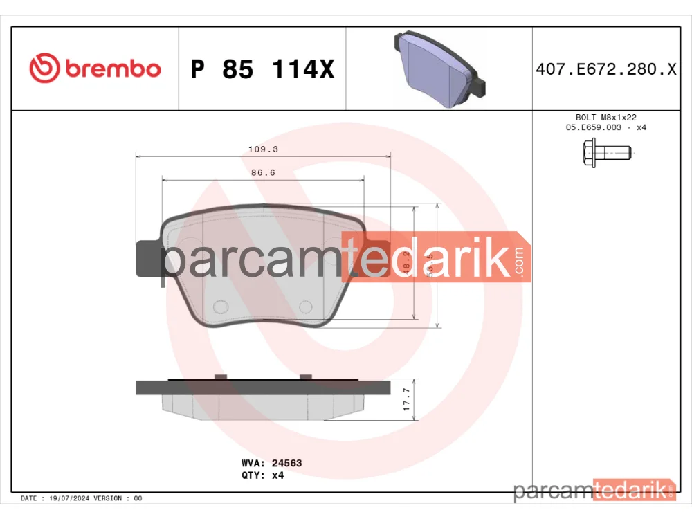 BREMBO P85114X | Fren Balatası (Arka) — Skoda Octavia II Combi, VW Jetta IV, Audi A3