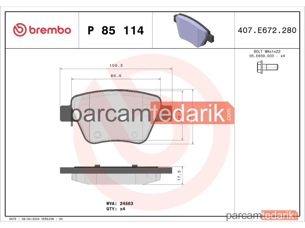 BREMBO P85114 | Fren Balatası (Arka) — Skoda Octavia II Combi, VW Jetta IV, Audi A3