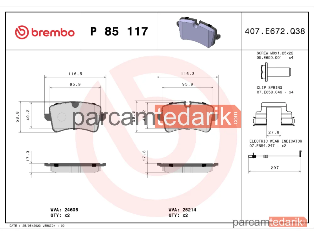 BREMBO P85117 | Fren Balatası (Arka, 300 mm) — Audi A8 D4, Audi A4 B9, Audi A7