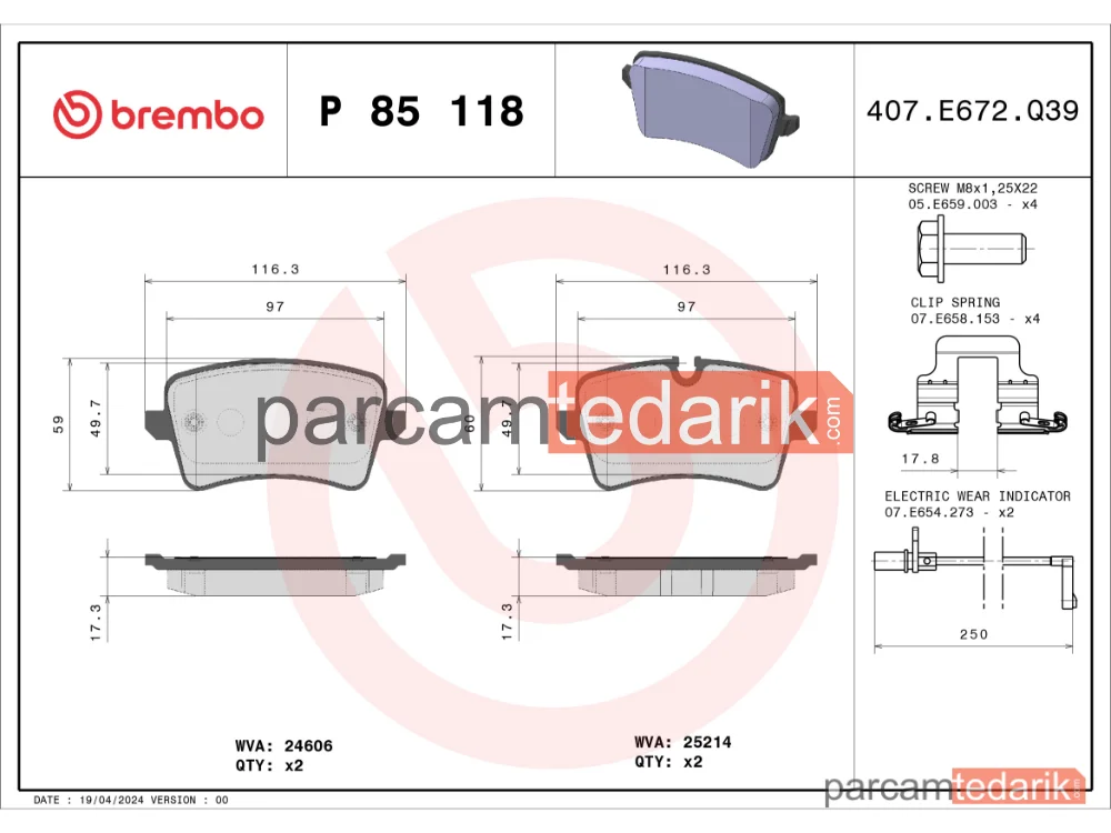 BREMBO P85118 | Fren Balatası (Arka, 210 mm) — Audi A7, Audi A6 C7, Audi A5