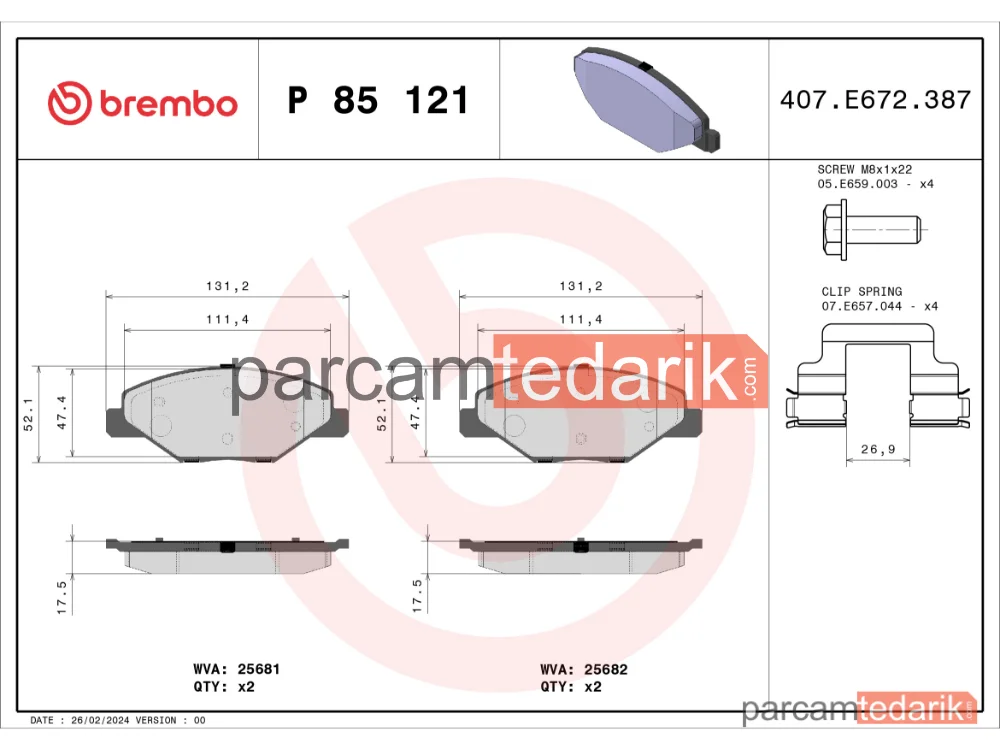 BREMBO P85121 | Fren Balatası (Ön) — Skoda Fabia III, Skoda Fabia II, Skoda Fabia II Combi