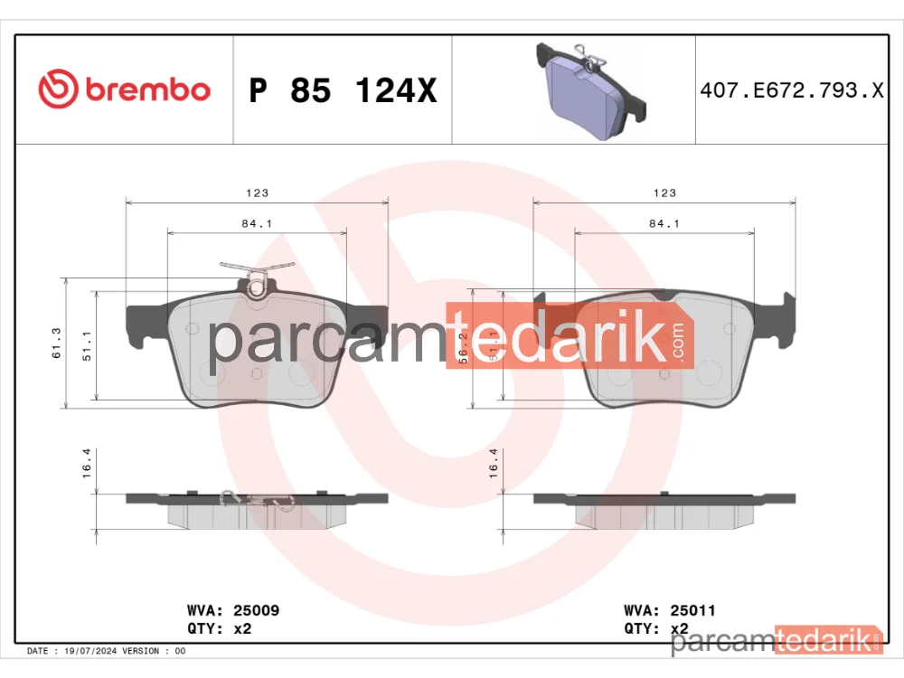BREMBO P85124X | Fren Balatası (Arka) — VW Golf VII Variant, Audi A3 Limousine, Audi A3