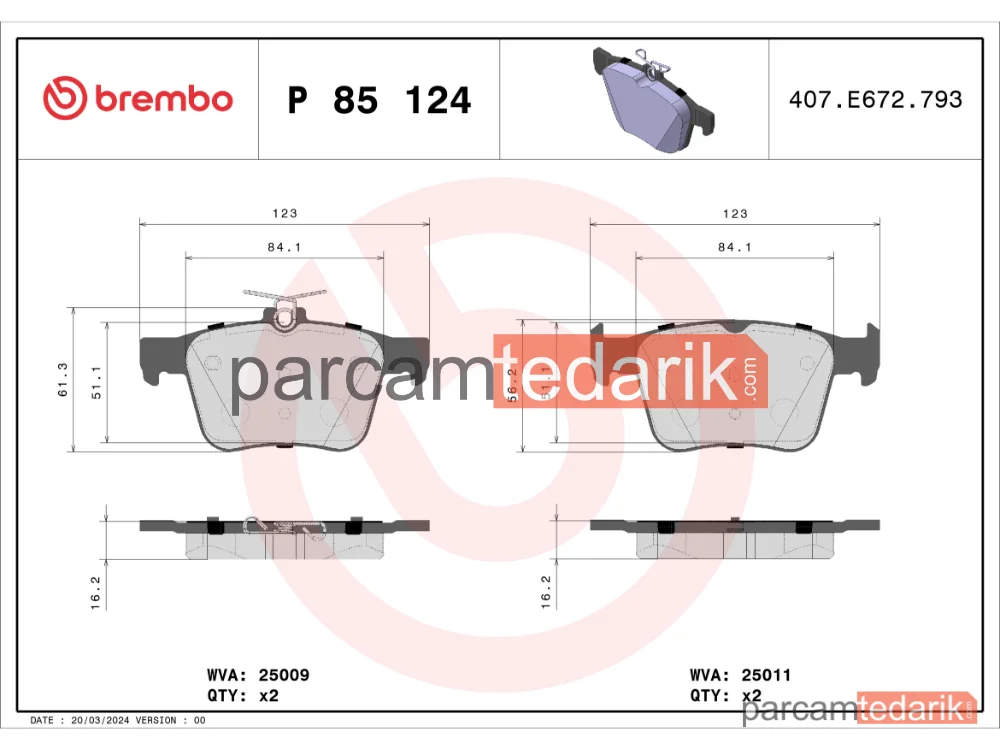 BREMBO P85124 | Fren Balatası (Arka) — VW Golf VII Variant, Audi A3 Limousine, Audi A3