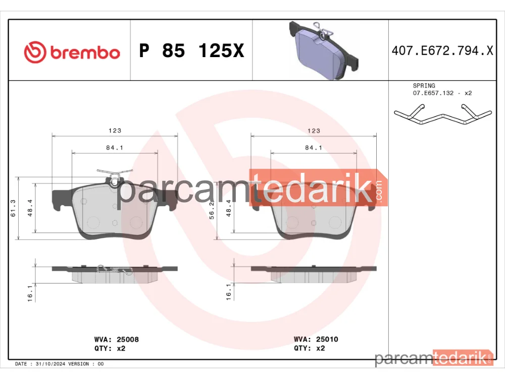 BREMBO P85125X | Fren Balatası (Arka) — Seat Leon ST, VW Golf VII, Audi A3 Limousine
