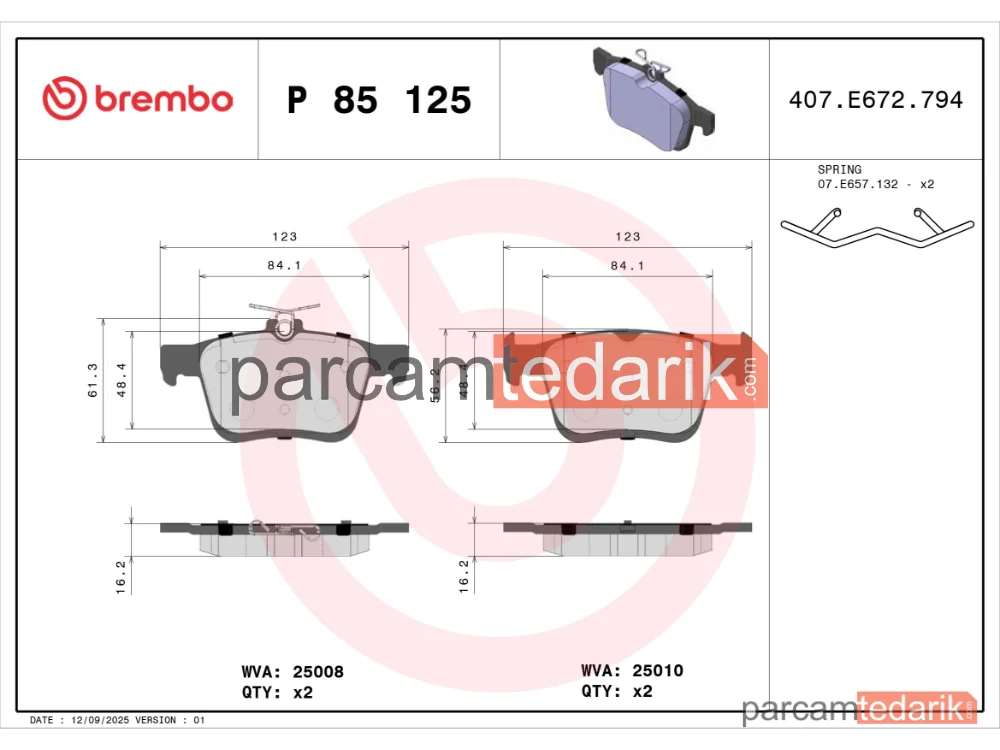 BREMBO P85125 | Fren Balatası (Arka) — Seat Leon ST, VW Golf VII, Audi A3 Limousine