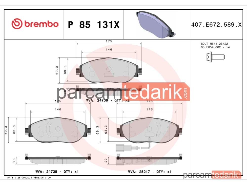 BREMBO P85131X | Fren Balatası (Ön) — Seat Alhambra, VW Sharan, VW T-Roc
