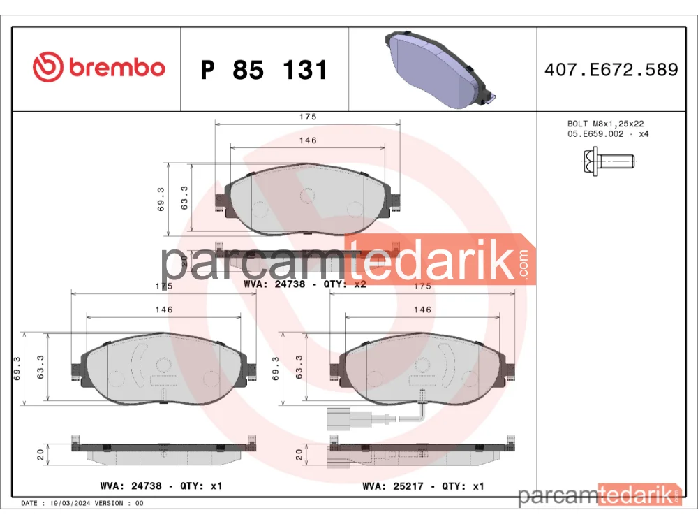 BREMBO P85131 | Fren Balatası (Ön) — Seat Alhambra, VW Sharan, VW T-Roc