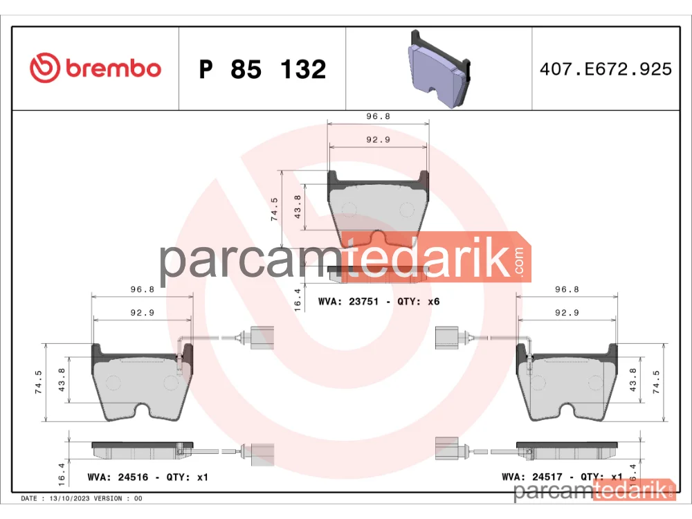 BREMBO P85132 | Fren Balatası (Ön) — Audi R8, Audi R8 Spyder, Audi A4 B7