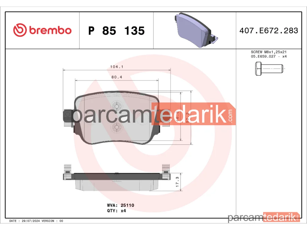 BREMBO P85135 | Fren Balatası (Arka) — Seat Leon ST, VW Caddy IV, VW Caddy IV Mpv