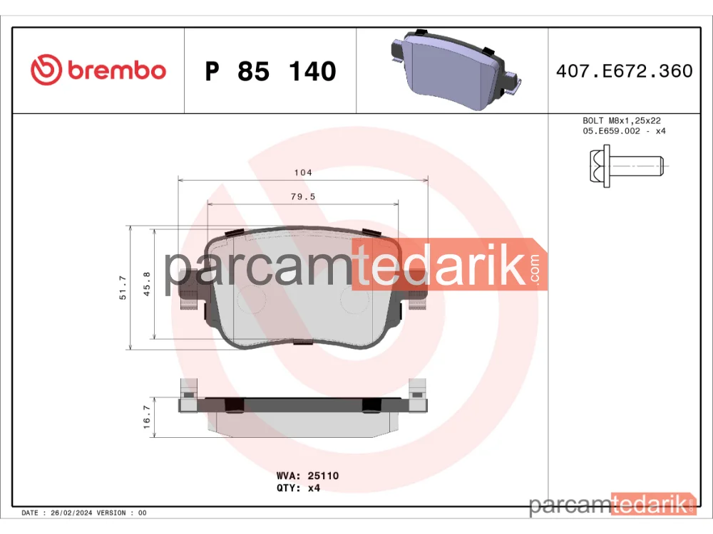 BREMBO P85140 | Fren Balatası (Arka) — Seat Leon ST, VW Caddy IV, VW Caddy IV Mpv