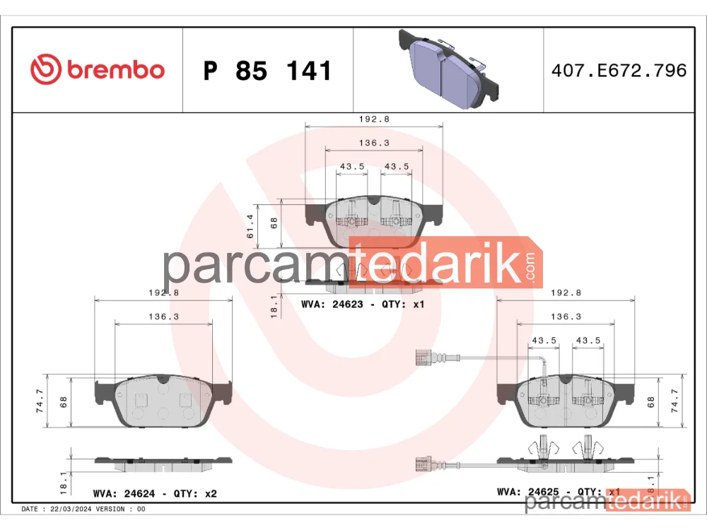 BREMBO P85141 | Fren Balatası (Ön) — VW Transporter T6 / Caravelle T6, VW Transporter T6, VW Multivan T6