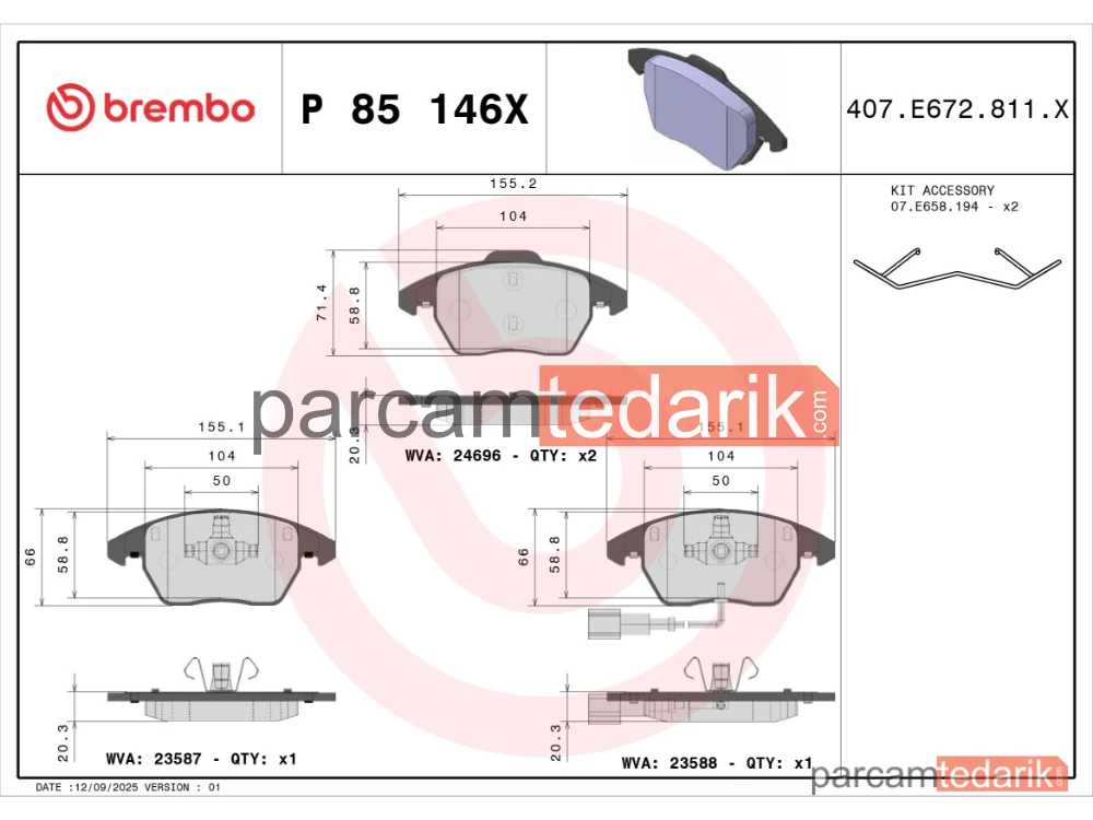 BREMBO P85146X | Fren Balatası (Ön) — VW Passat B6 Variant, VW Golf V, VW Passat B6
