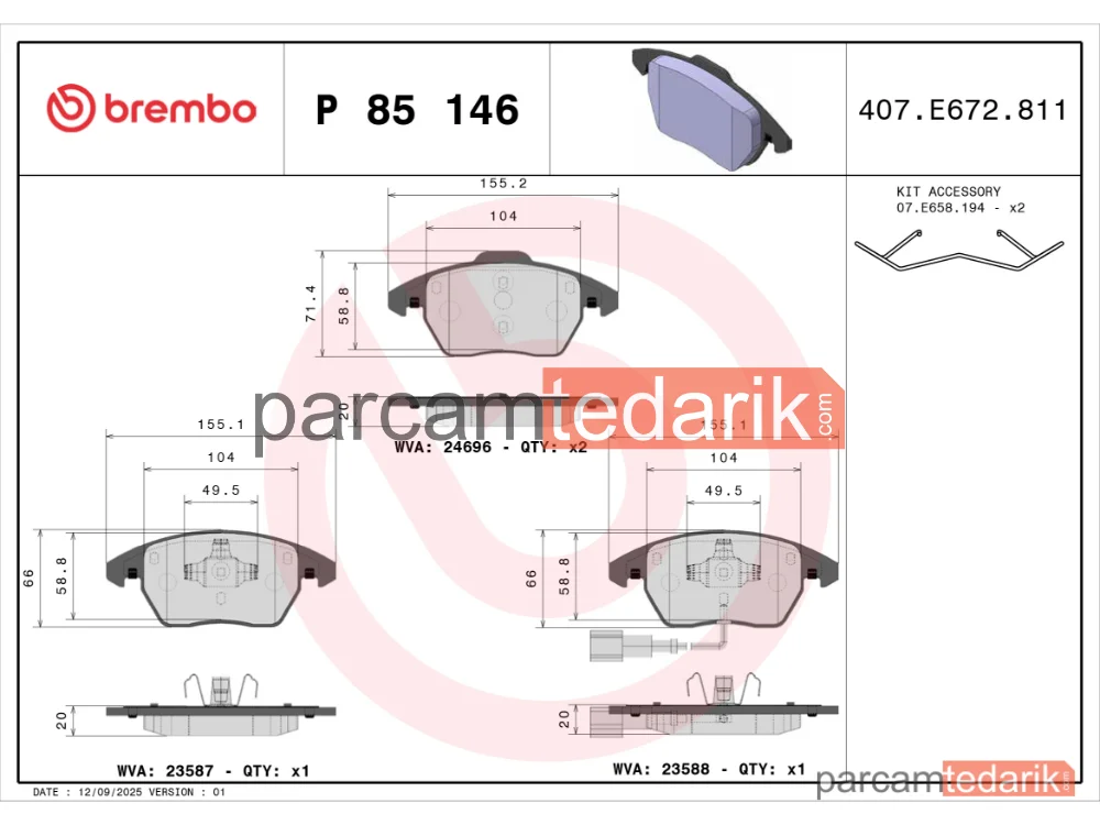 BREMBO P85146 | Fren Balatası (Ön) — VW Passat B6 Variant, VW Golf V, VW Passat B6